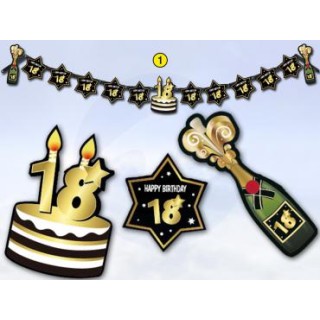 Festone  18 Happy  Birthday  Nero  bianco e oro  - L 2,10  metri x 24 cm H - 1 pz