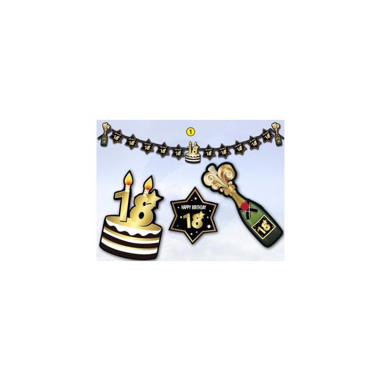 Festone  18 Happy  Birthday  Nero  bianco e oro  - L 2,10  metri x 24 cm H - 1 pz