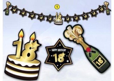 Festone  18 Happy  Birthday  Nero  bianco e oro  - L 2,10  metri x 24 cm H - 1 pz