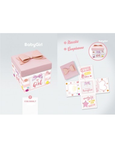Biglietto Nascita o compleanno  Bimba ( BABY GIRL)   Box Skatush  fantasia scatola rosa e bianca  a pois    pz 1