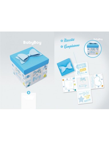 Biglietto Nascita o compleanno  Bimbo ( BABY BOY )   Box Skatush  fantasia scatola celeste e bianca a pois    pz 1