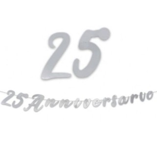 Festone  25 ° Anniversario di Matrimonio con scritto ( 25° ANNIVERSARIO)  oro - L 3 metri x 15 cm H -NOZZE ARGENTO  1 pz