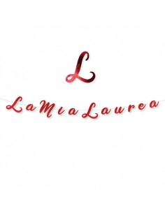 Bandierine Laurea  in cartoncino sagomato  rosso  co scritta  LA MIA LAUREA  - L 3  metri / 15 cm  H - 1 pz