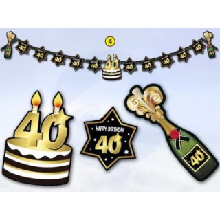 Festone  40 Happy  Birthday  Nero  bianco e oro  - L 2,10  metri x 24 cm H - 1 pz