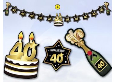 Festone  40 Happy  Birthday  Nero  bianco e oro  - L 2,10  metri x 24 cm H - 1 pz