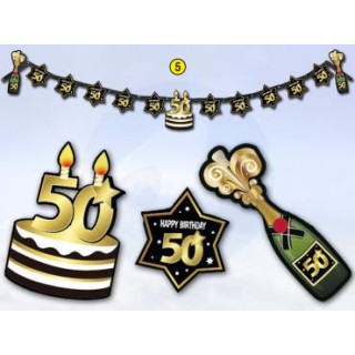 Festone  50 Happy  Birthday  Nero  bianco e oro  - L 2,10  metri x 24 cm H - 1 pz