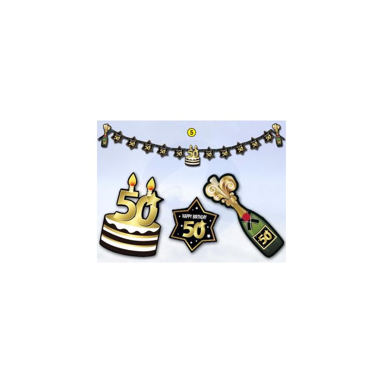 Festone  50 Happy  Birthday  Nero  bianco e oro  - L 2,10  metri x 24 cm H - 1 pz