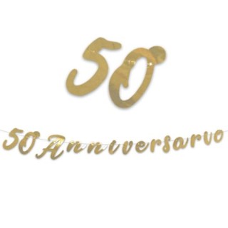 Festone  50 ° Anniversario di Matrimonio con scritto ( 50° ANNIVERSARIO)  oro - L 3 metri x 15 cm H -NOZZE ORO  1 pz