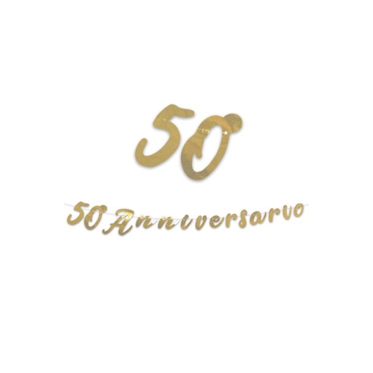Festone  50 ° Anniversario di Matrimonio con scritto ( 50° ANNIVERSARIO)  oro - L 3 metri x 15 cm H -NOZZE ORO  1 pz