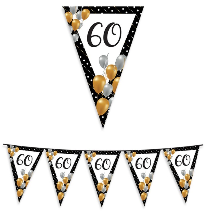 FESTONE 60 ANNI IN CARTA A BANDIERINA BIANCA BORDATA DI NERO CON PALLONCINI 300 X 30 CMPZ 1 FESTONE 60 ANNI IN CARTA A BANDIERINA BIANCA BORDATA DI NERO CON PALLONCINI 300 X 30 CMPZ 1
