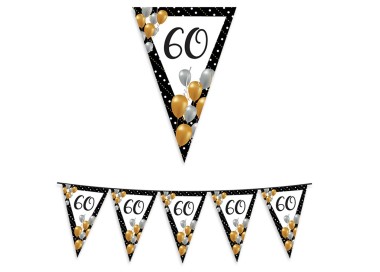 FESTONE  60 ANNI IN CARTA A BANDIERINA BIANCA BORDATA DI NERO CON PALLONCINI 300 X 30 CMPZ 1
