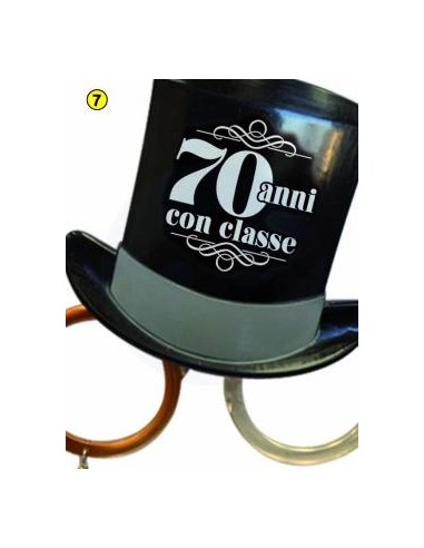 Occhiali Compleanno 70 Anni Neri con cilindro e scritta  70 anni con classe - plastica - L 14 cm x H 14 cm - 1 pezzo