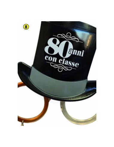 Occhiali Compleanno 80 Anni Neri con cilindro e scritta  80 anni con classe - plastica - L 14 cm x H 14 cm - 1 pezzo