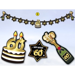 Festone  60 Happy  Birthday  Nero  bianco e oro  - L 2,10  metri x 24 cm H - 1 pz