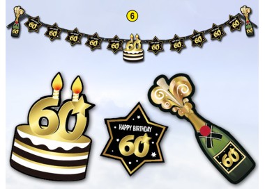 Festone  60 Happy  Birthday  Nero  bianco e oro  - L 2,10  metri x 24 cm H - 1 pz
