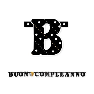 Festone  Buon Compleanno sagomato  in cartoncino nero ,bianco ,oro e argento  - L 215  cm  / 15 cm  H - 1 pz