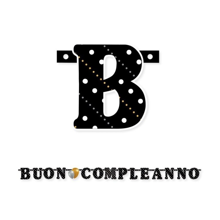 Festone  Buon Compleanno sagomato  in cartoncino nero ,bianco ,oro e argento  - L 215  cm  / 15 cm  H - 1 pz