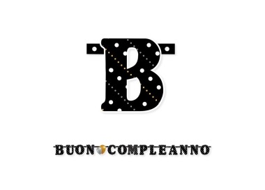 Festone  Buon Compleanno sagomato  in cartoncino nero ,bianco ,oro e argento  - L 215  cm  / 15 cm  H - 1 pz