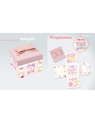 Biglietto  compleanno  Bimba ( BABY GIRL)   Box Skatush  fantasia scatola rosa e bianca  a pois    pz 1
