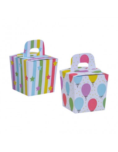 Scatole Candy  Box per confezionare dolcetti o regali  - 6 pezzi - cartoncino rigido - bianche a strisce e palloncini  colorati 