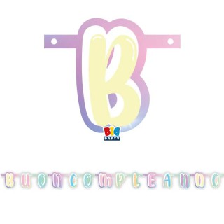 Festone  in cartoncino sagomato  Multicolor colori pastello   con  scritta " BUON COMPLEANNO " - L 2,15  metri / 15 cm  H - 1 p