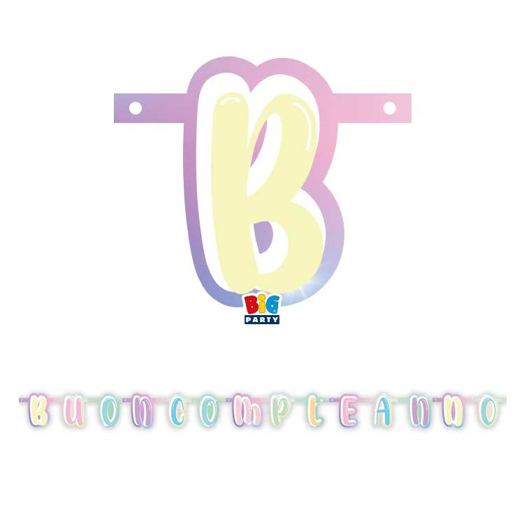 Festone  in cartoncino sagomato  Multicolor colori pastello   con  scritta " BUON COMPLEANNO " - L 2,15  metri / 15 cm  H - 1 p