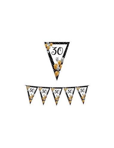 Bandierine  Compleanno 30 anni  nero bianco oro e argento- L 6 metri / 20 cm x 26 cm H - 1 pz