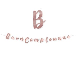 Festone  in cartoncino sagomato  oro rosa   con  scritta " BUON COMPLEANNO " - L 3  metri / 15 cm  H - 1 pz