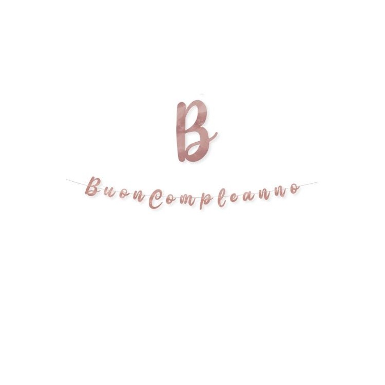 Festone  in cartoncino sagomato  oro rosa   con  scritta " BUON COMPLEANNO " - L 3  metri / 15 cm  H - 1 pz