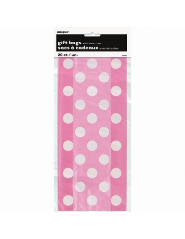 SACCHETTINI CARAMELLE E GIOCHINI - Colore ROSA A POIS BIANCHI - L 12,5 cm x H 28,5 cm - Plastica - 20 pezzi - Unique