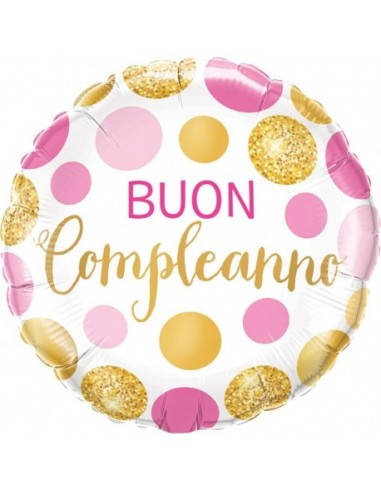 Palloncino New Buon Compleanno Tondo fucsia oro e rosa su sfondo bianco - Qualatex - 18 / 46 cm - 1 pz