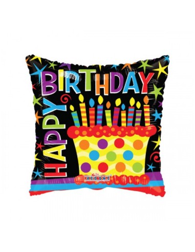 Palloncino quadrato  con scritta Happy Birthday sfondo nero e candeline colorate 18 / 46 cm 1 pz