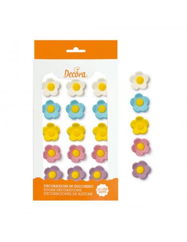 Fiorellini medi multicolor i con bulbo giallo in ZUCCHERO - Confezione da 15 pezzi di Ø 2 cm - DECORA senza glutine