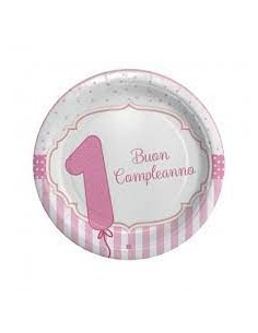 Piatti Grande Primo Compleanno Bimba (NEW ) -Rosa  e bianco - Diam. 24 cm - Confez. 8 pezzi - BIG PARTY