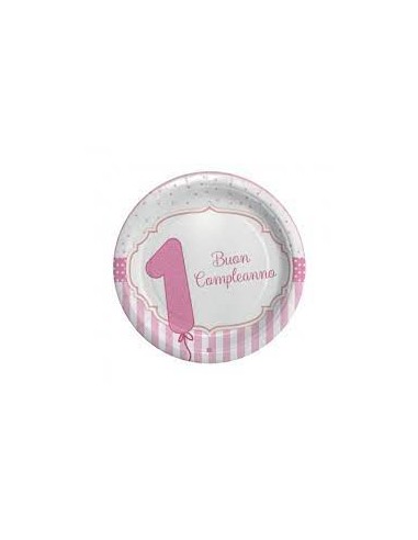 Piatti Grande Primo Compleanno Bimba (NEW ) -Rosa  e bianco - Diam. 24 cm - Confez. 8 pezzi - BIG PARTY