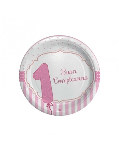 Piatti piccolo Primo Compleanno Bimba (NEW ) -Rosa  e bianco - Diam. 18 cm - Confez. 8 pezzi - BIG PARTY