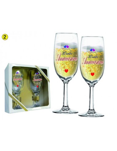 COPPIA Bicchiere/Flute  per vino o spumante  ANNIVERSARIO   - 1 pezzo - in vetro- con stampa Al nostro anniversario .