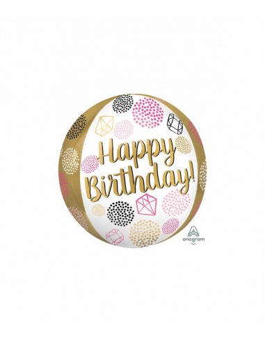 Palloncino Compleanno a sfera Happy Birthday Orbz Anagram bianco e oro )- 43 cm x 45 cm - 1 pz