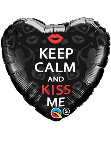 Palloncino Cuore Nero e scritta KEEP CALM AND KISS ME  - Message  - Qualatex - 46 cm - 1 pz