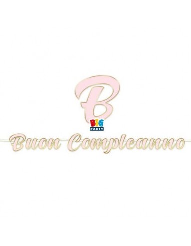 Festone Maxi  Buon Compleanno rosa bordato oro metal  - L 6 metri x 24 cm H - 1 pz
