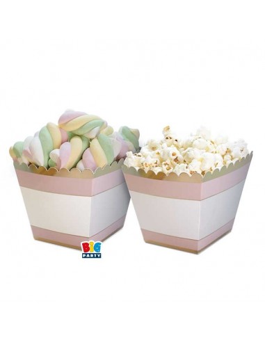 Scatole Box per pop corn , dolcetti o salatini  - 6 pezzi - cartoncino rigido - bianco rosa  con rifiniture oro specchiante   - 