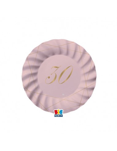 PIATTI PICCOLI  ROSA  ONDULATI IN CARTONCINO  30° compleanno  in oro    - Diametro 18 cm - Confez. 8 pezzi