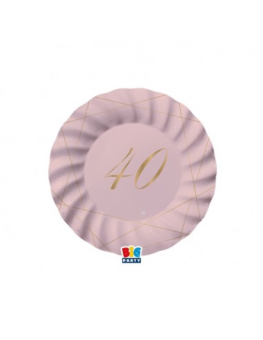 PIATTI PICCOLI  ROSA  ONDULATI IN CARTONCINO  40° compleanno  in oro    - Diametro 18 cm - Confez. 8 pezzi