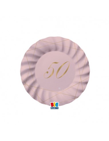 PIATTI PICCOLI  ROSA  ONDULATI IN CARTONCINO  50° compleanno  in oro    - Diametro 18 cm - Confez. 8 pezzi
