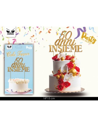 Scritta 50 Anni Insieme   in plastica specchiante  cake topper colore Oro per le  torte del vostro anniversario   L 15  Cm H 10 