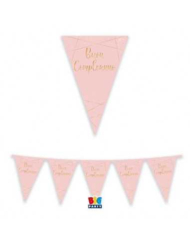 Bandierine Buon Compleanno in cartoncino rosa e oro   - L 3  metri / 30 cm  H - 1 pz