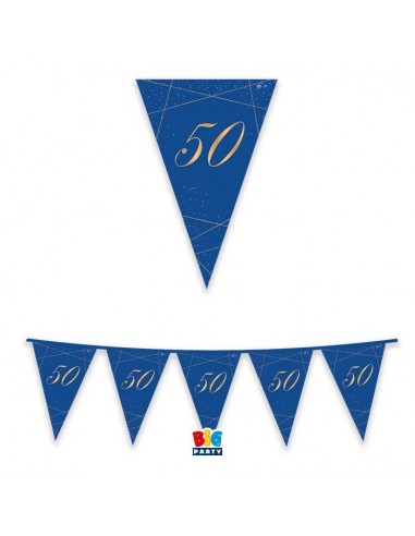 Bandierine 50° Compleanno in cartoncino blù e oro   - L 3  metri / 30 cm  H - 1 pz