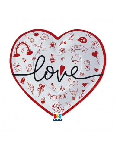 Piatti Bianchi  a forma di Cuore  con scritta love (San Valentino) misura 26 x 24 cm 6 pezziBig Party