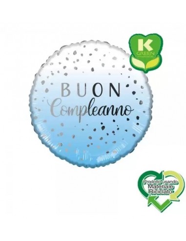 Palloncino Buon Compleanno Tondo celeste e bianco - ( prodotto usando materiale reciclato) - 46 cm - 1 pz