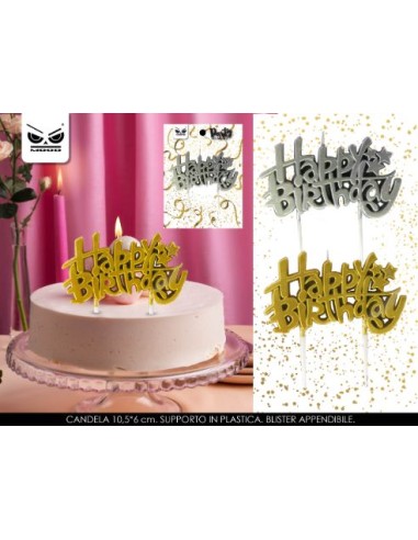 candeline stondate  ORO come foto con scritta ( HAPPY BIRTHDAY) Candelina di cera  Sagomata 12 x 9 cm  pz 1